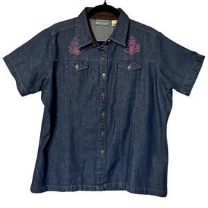 Vintage Wrangler Denim Sz XL Suede Collar Button Western Embroidered Top